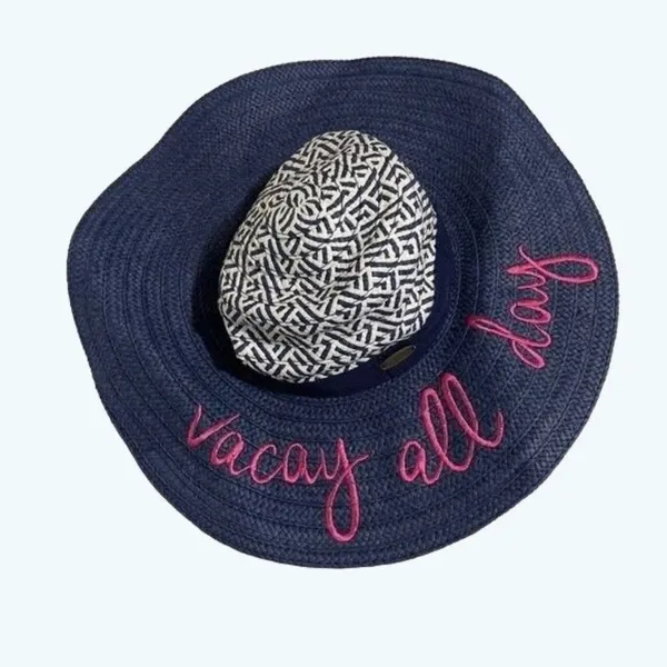 Panama Jack Vacay All Day Navy Straw Beach Hat Pink Embroidered Resort - Image 2