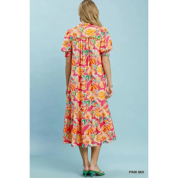 Umgee Floral Print Puff Sleeve Tiered Midi Dress - Pink Mix - Large - Image 4