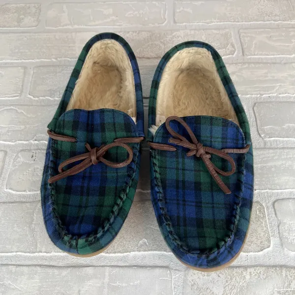 J Crew Slippers Womens 8 Green Blue Plaid Faux Shearling Fur Lining Moccasin - Image 8