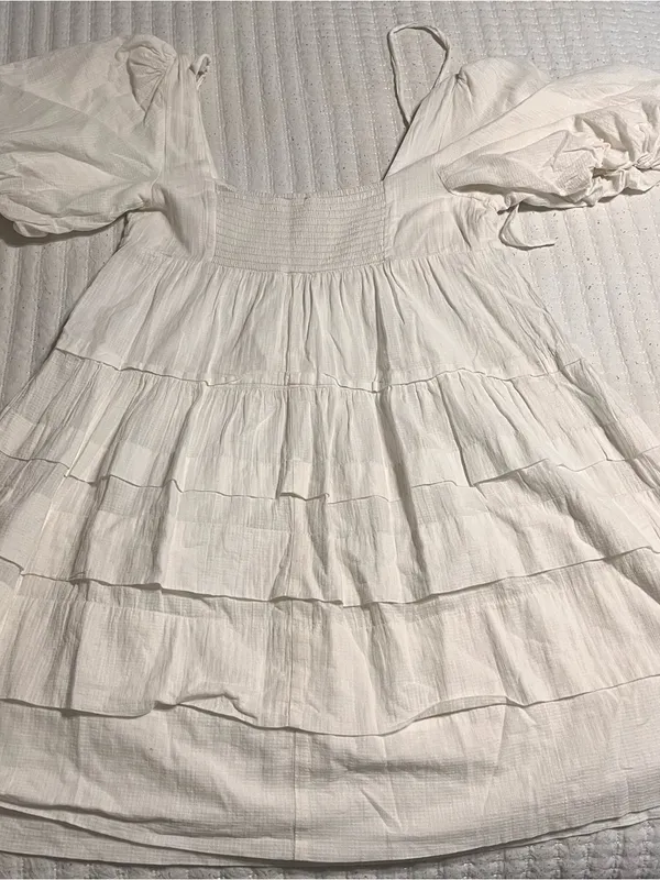 Anthropologie White Tiered Square-Neck Puff-Sleeve Dress - Image 4