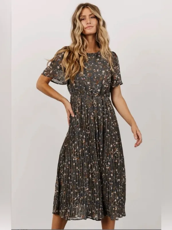 Baltic Born Belfast Pleated Midi Dress Antique Jade Floral Cottagecore - Image 3