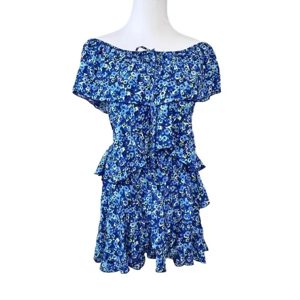 Zara Tiered Blue Floral Off the Shoulder Jumpsuit Romper MEDIUM Preppy‎ Ruffles - Image 3