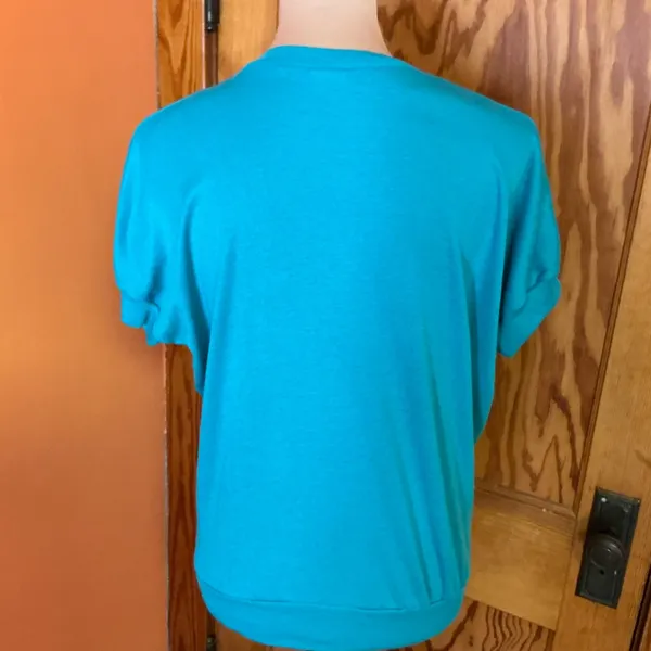 Vintage 80s Teal Gold Glitter Geometric Graphic Top Metallic Print Shirt - Image 13