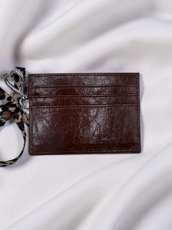 Cute Espresso Brown Card Holder Wallet w/ Keychain Leopard Plush Star Charm - Image 2