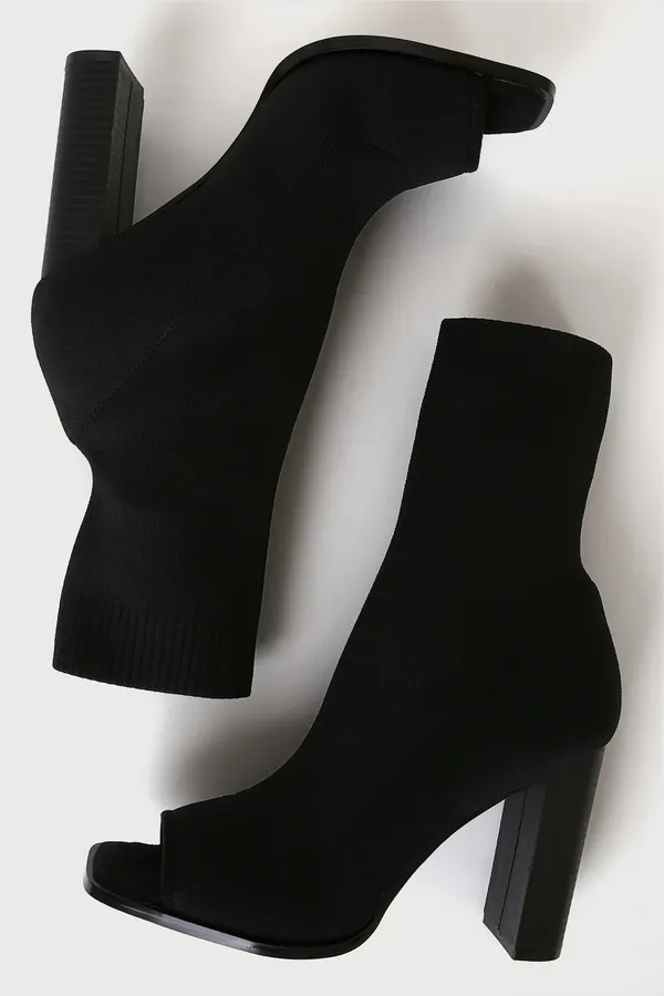 Black Knit Peep-toe Sock Boots - Image 4