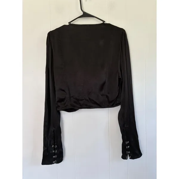 Free People Black Olivia Satin Ruffle Hook Eye Long Sleeve Crop Top Size S - Image 2