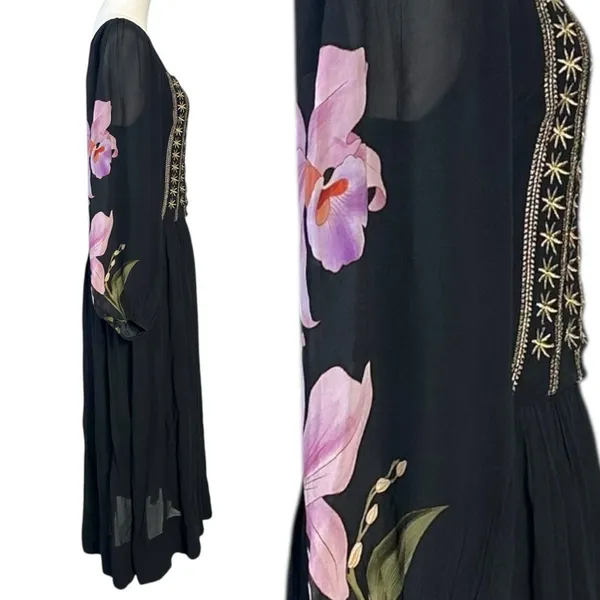 FARM Rio Embroidered Goddess Orchid Floral Long Sleeve Midi Dress Black Small - Image 7