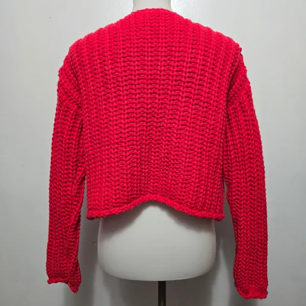 Chunky Knit Red Cropped Cardigan Gold Button Pockets Women Size M - Image 5