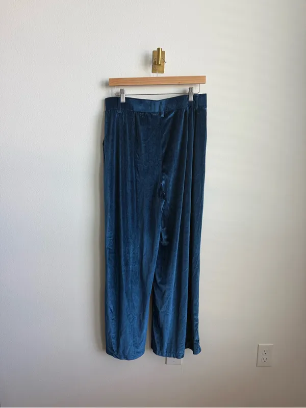Halara Ribbed Velvet Palazzo Pants Blue Teal High Waisted Wide Leg Pull On Large - Image 7