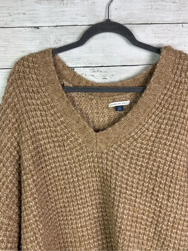 American Eagle Outfitters Brown V-Neck Waffle Knit Sweater Size Large - Image 2