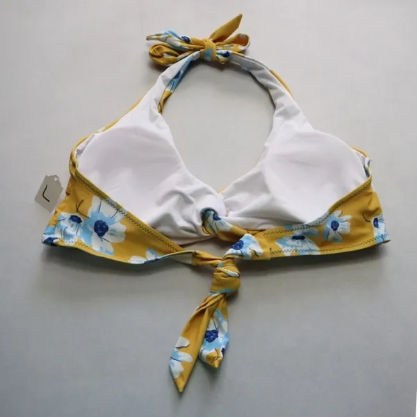 Yellow Floral Padded Halter Tie‎ Knot Boho Swim Sports Bra Bikini Top L Large - Image 2