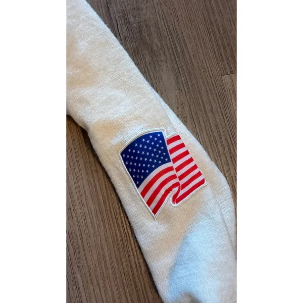 Ford Motor Co Graphic Sweater Off Shoulder American Flag Patch White XXL - Image 3
