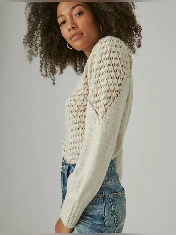 Lucky Brand Ivory Textured Open Knit Dot Sweater Size Small - Image 6