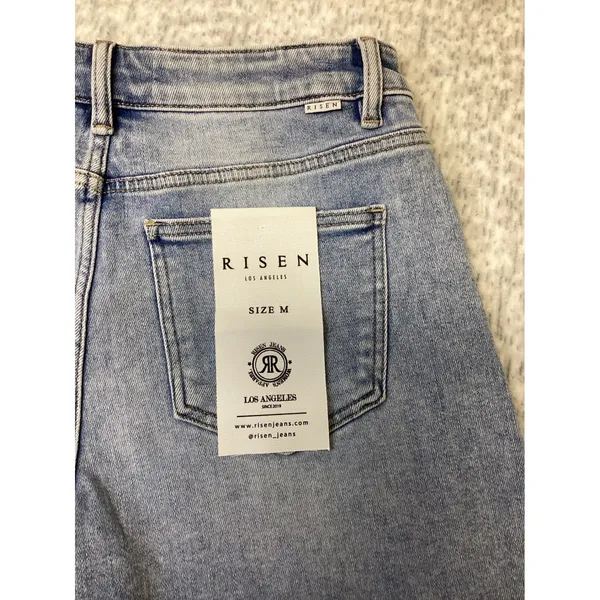 Risen Jeans Tummy Control Distressed High Rise Midi Denim Shorts Light Wash M - Image 5