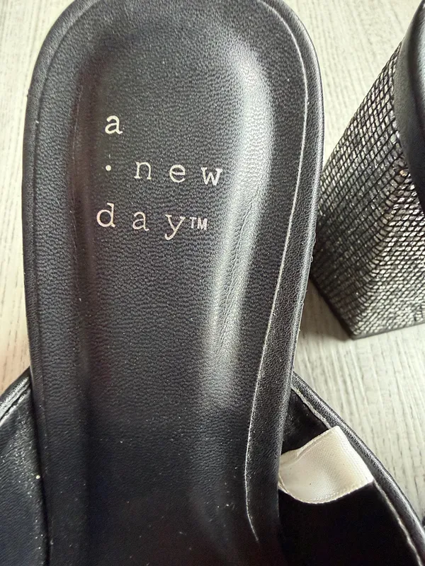 A New Day Black Rhinestone Block Heel Slide Sandals Sparkly Mule - Image 3