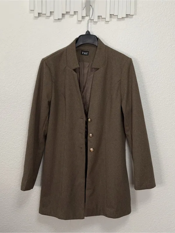 FME Brown Longline Blazer Gold Button Tailored Jacket Minimalist Quiet Luxury - Image 4