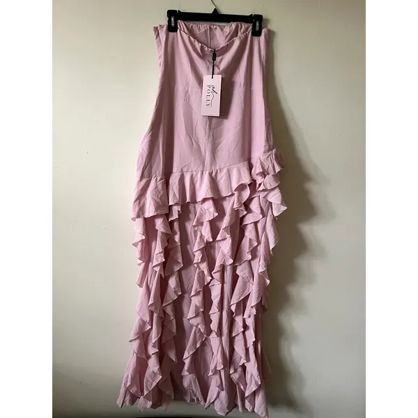 Oh Polly Diletta Ruffle Trim Strapless Gown Light Pink Maxi Dress size 10 New - Image 5