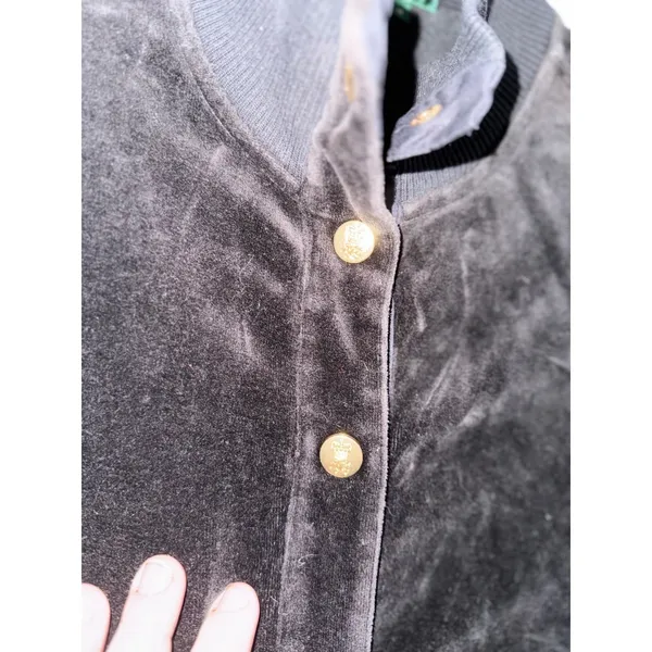 LAUREN Ralph Lauren Velour Bomber Jacket Crest Gold‎ Button Black Size M - Image 3