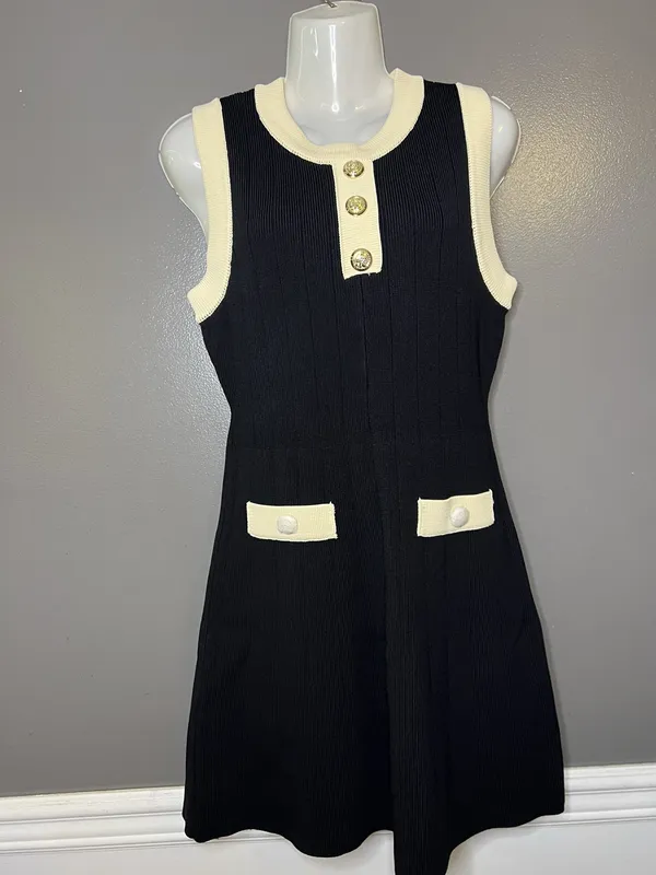 Endless Rose Dress Womens Medium Black Cream Contrast Knit Sweater Mini Gold - Image 2