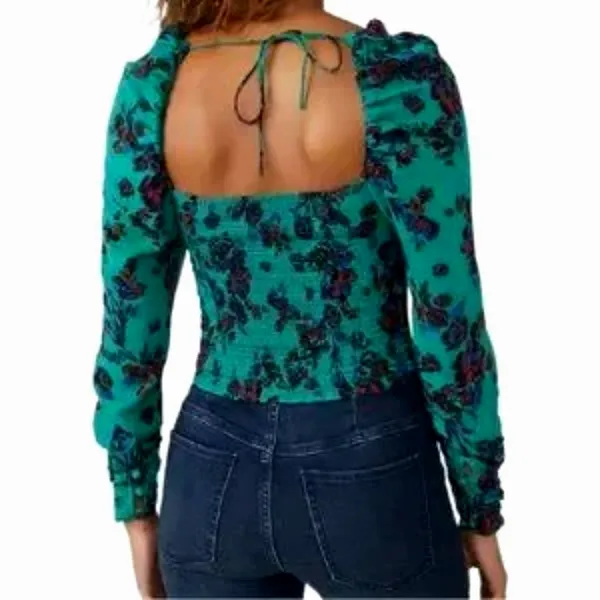 Free People Hilary Floral Printed Low Square Back Top Teal M - Image 7