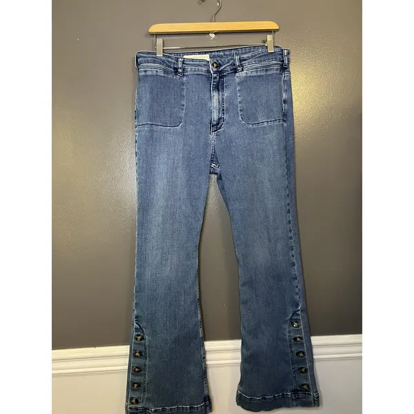 Pilcro Jeans Womens 32P Medium Wash Blue Flare Button Hem Stretch Denim - Image 2