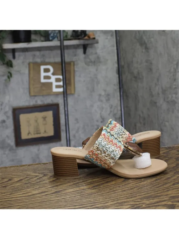 NWT Style & Co. Embellished Raffia Thong Block Heel Sandals Multi Brown 9M - Image 7