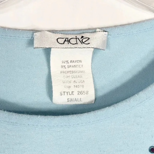 Cache Small Top Knit‎ Light Baby Blue Rhinestones Cut Out Cold Shoulder Y2K 1348 - Image 9