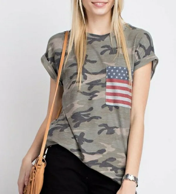 4th Of July Camp Patriotic Pocket Rolled Sleeve Tee Green Size L - Image 3