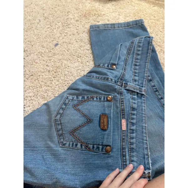 y2k mcbling Wrangler Premium Patch Low Rise Jeans Medium Wash Straight Leg 14x34 - Image 3