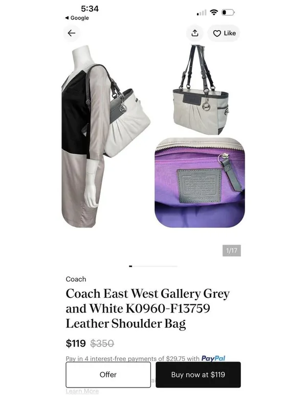 Coach East West Gallery Leather White & Grey Pleated Tote Shoulder Bag - Image 9