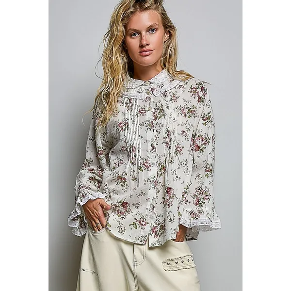 POL Floral Lace Trim Pintuck Button-Down Shirt - Ivory - Large - Image 4