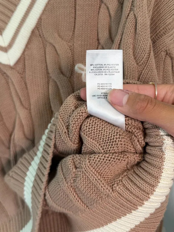 TNA Taupe Cable Knit V-Neck Sweater with Cream Trim Cropped - Image 4