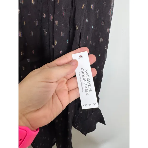 Venus Button Down Shirt Womens 8 Black NWT Metallic Rainbow Foil Polka Dot Top - Image 3