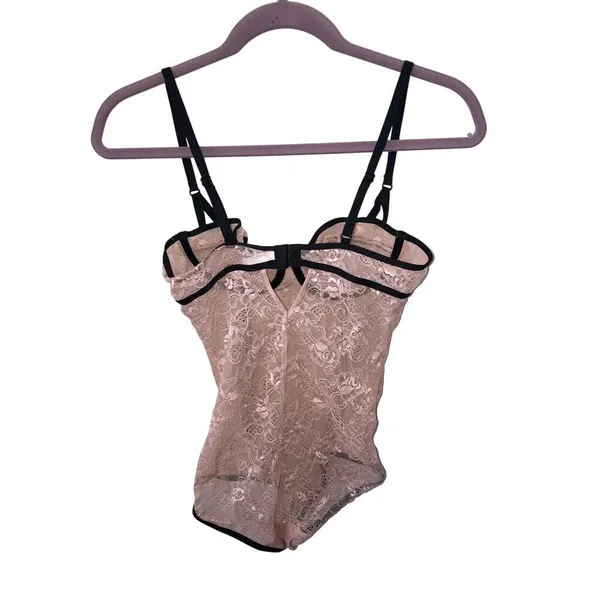 Coquette Pink Lace Bodysuit Contrast Black Piping Teddy Corset Top Y2K Dollette - Image 5