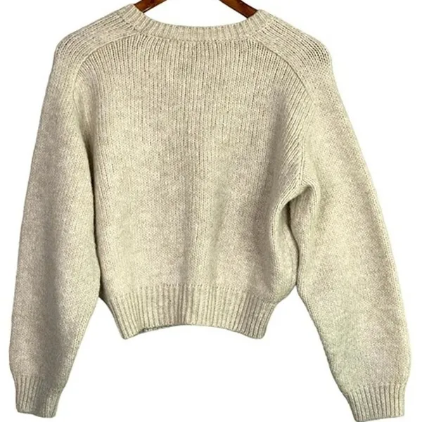 ZARA Cropped Ribbed Hems Long Sleeve Crew Neck Chunky Knit Sweater Small Cream - Image 12