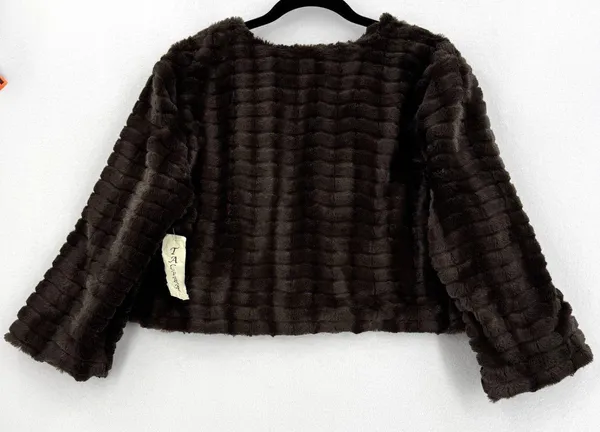 Tacera Faux Fur Jacket Women XL Brown Cropped Rhinestone Button Lined Glam - Image 2