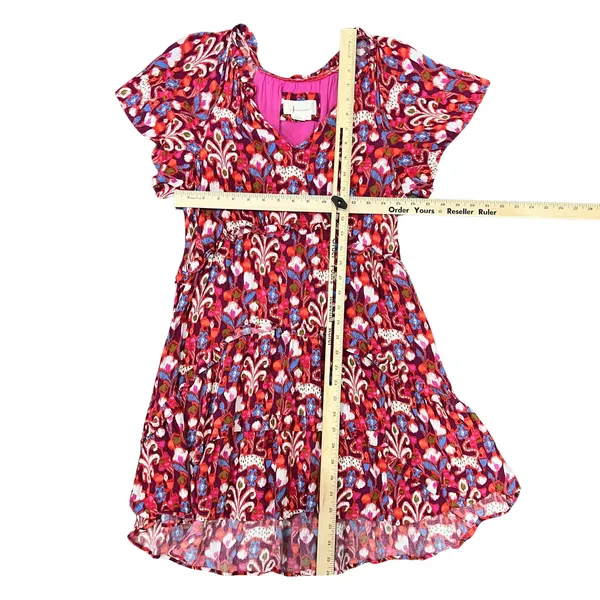 Anthropologie Pink Red Blue Ruffle Flutter Sleeve Dress size S Boho Tomato Girl - Image 8
