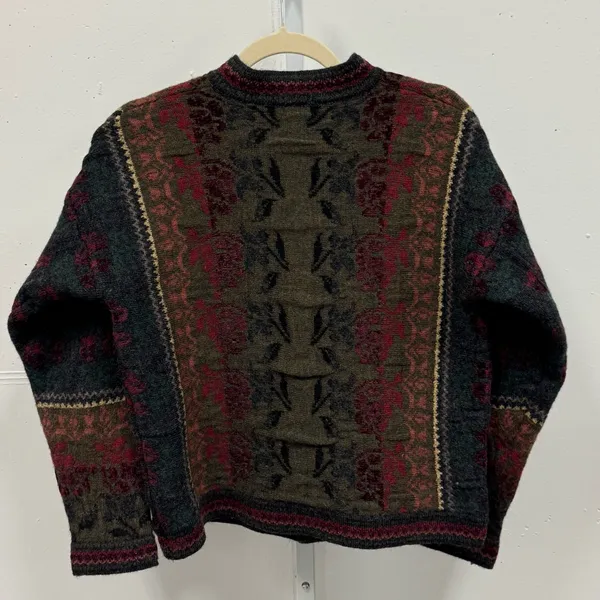 Vintage Cherry Lewis England Wool Jacquard Heritage Cardigan Sweater‎ Olive Med - Image 2