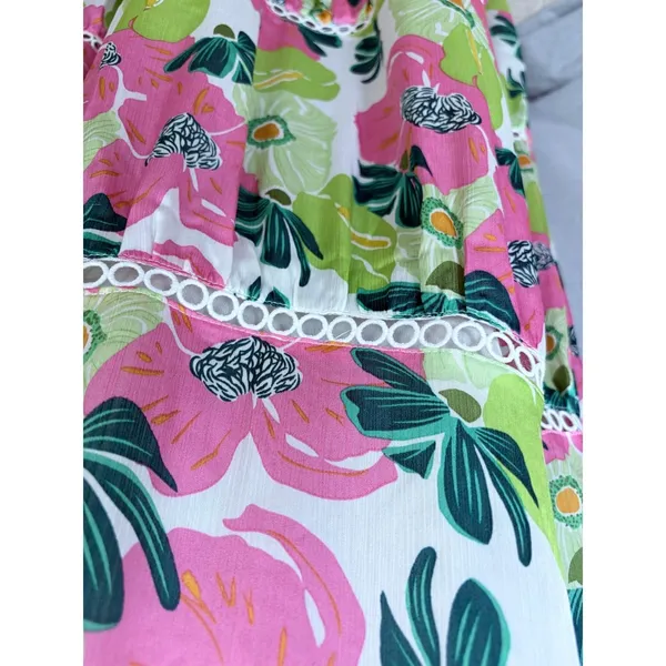 NWT Rubienn Maxi Dress L Pink Lime Green Floral Low Back Tiered Lace Trim Resort - Image 6