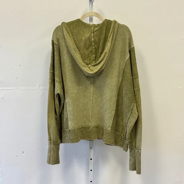 J.HER Olive Green Mixed Media Thermal Waffle Knit Hoodie Oversized Distressed Lg - Image 2