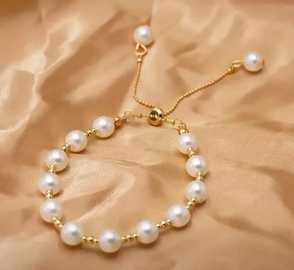 Elegant Gold White Faux Pearl Adjustable Golden Bracelet - Image 2