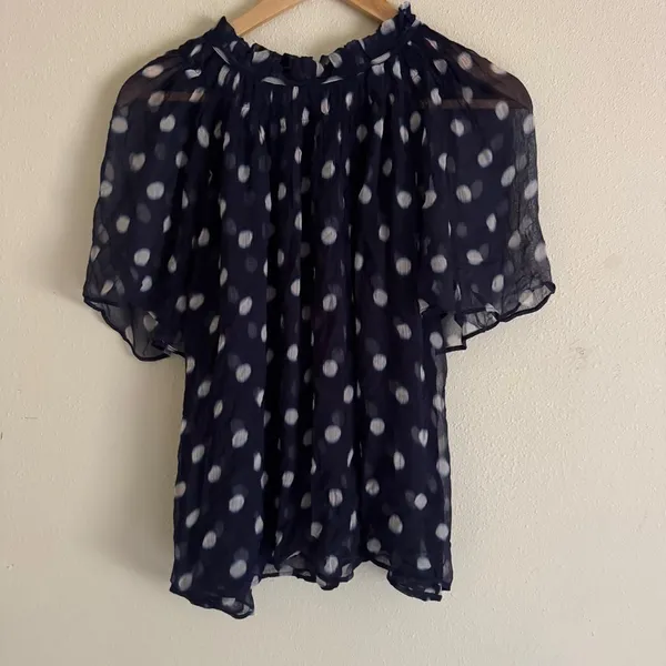 J. Crew Sheer Flowy Smocked Top Ombré Polka Dot Crinkle Chiffon Navy Large Cupro - Image 2