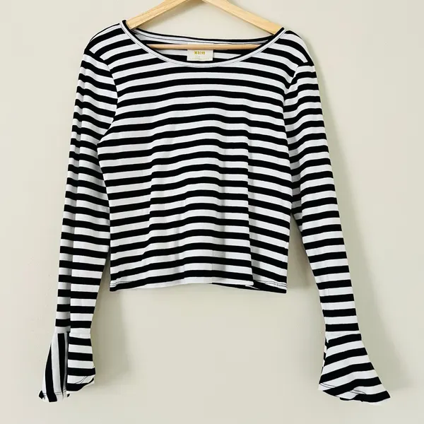 Anthropologie Maeve Flouncy Stripe Women's Blouse Top Shirt Large Ruffle Cuff‎ - Image 3
