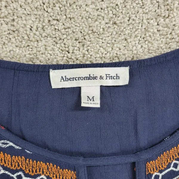 Abercrombie & Fitch Womens Boho Top M Blue Embroidery Tie Flowy Sleeves Keyhole - Image 12