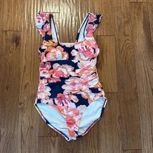 Kona Sol ruched tummy control ruffle sleeve floral one piece swimwear small 4/6 - Image 7