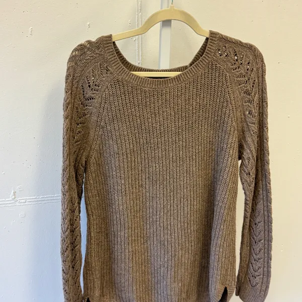 LOFT Ann Taylor Brown Cotton Camel Hair Blend Pointelle Raglan Sweater Women's M - Image 3