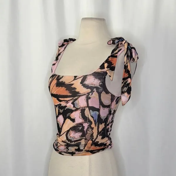 FREE PEOPLE‎ Avenue Tank Top Tie Shoulders Scoop Neck Pink Combo Retro Medium - Image 7