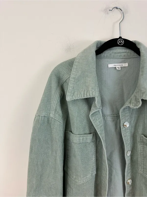 PacSun Corduroy Button-Front Jacket in Sage Green Raw Hem Size M/L - Image 2