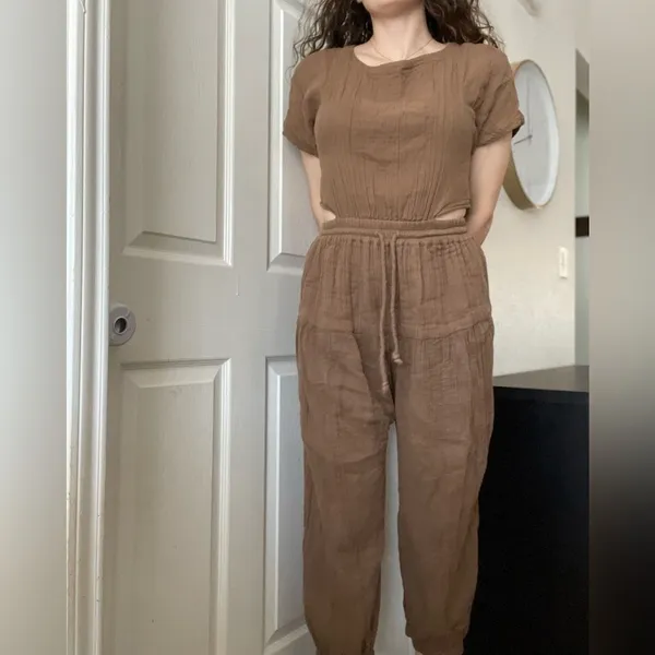 Free People Boho Jumpsuit Open Back Size XS Brown Cotton‎ Gauzy Romper - Image 3