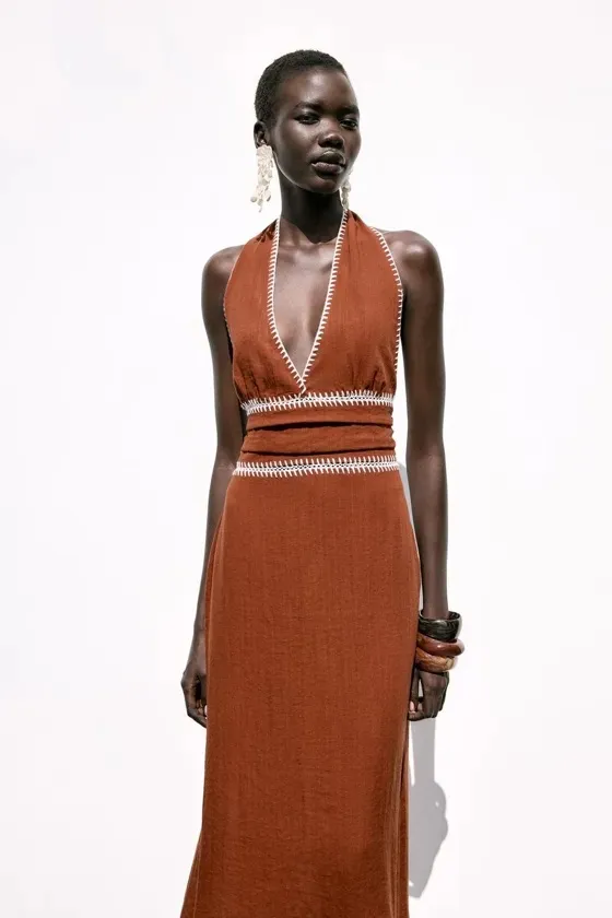Zara Sleeveless V-Neck Brown Cotton Bohemian Maxi Dress - Image 8